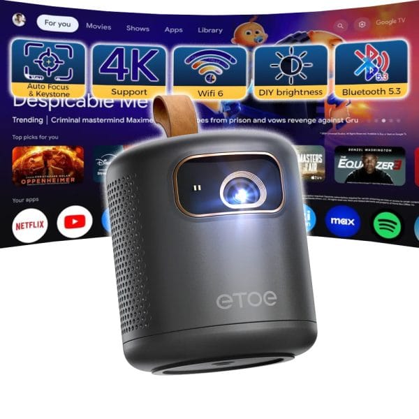 DPL Portable Video Projector 4K Google TV Netflix Official, Mini Video Projector ETOE Whale 500ANSI Full HD 1080P Native, Built-in Battery 2.5H / Ultra Short Range Projection - Black